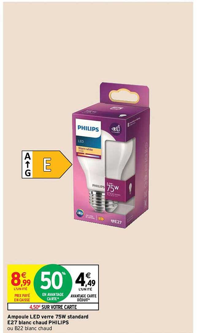 ampoule led verre 75w standard e27 blanc chaud philips