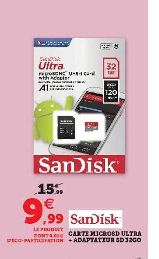 carte micro sd ultra + adaptateur sd 32go sandisk