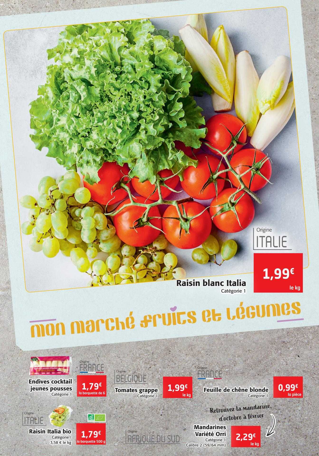 endives cocktail jeunes pousses, raisin italia bio, tomates grappe, mandarines variété orri, feuille de chêne blonde