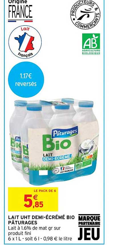 lait uht demi-écrémé bio pâturages