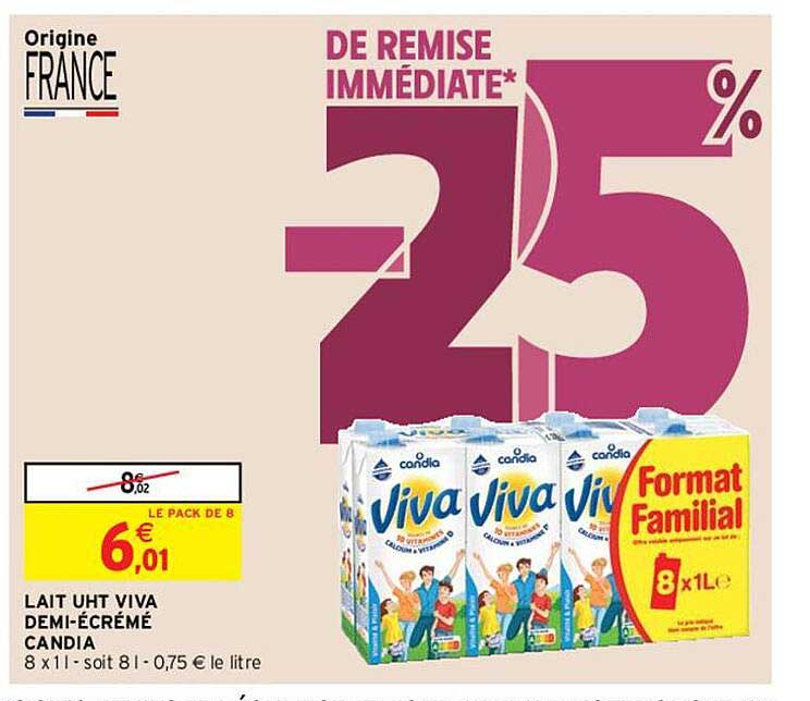 lait uht viva demi-écrémé candia