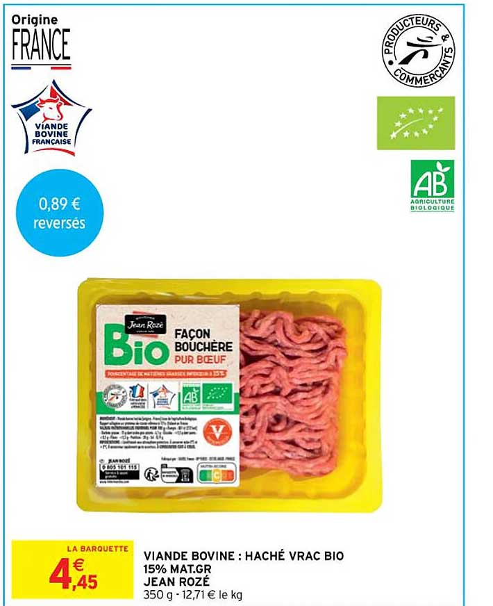 viande bovine : haché vrac bio 15% mat.gr. jean rozé