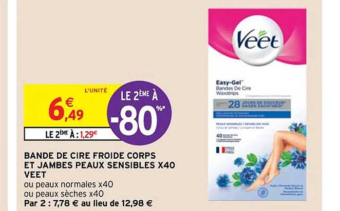 bande de cire froide corps et jambes peaux sensibles x40 veet