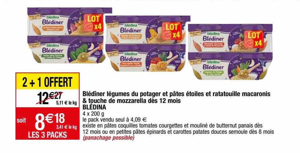 blédîner légumes du potager et pâtes étoiles et ratatouille macaronis & touche de mozzarella dès 12 mois blédina