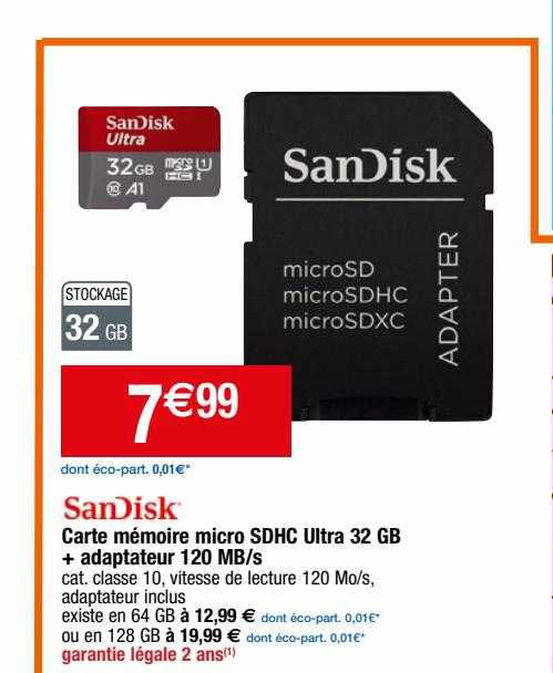 carte mémoire micro sdhc ultra 32 gb + adaptateur 120 mb-s sandisk