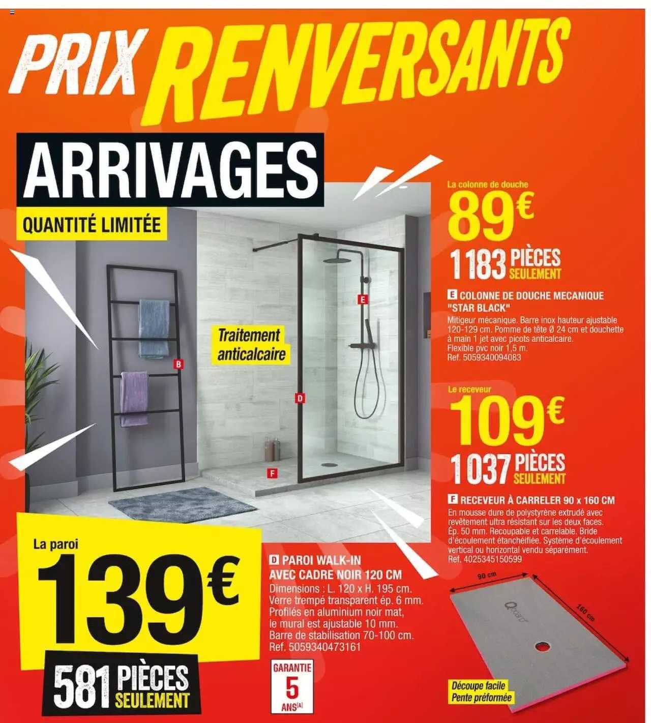 colonne de douche mecanique "star black", receveur à carreler 90 x 160 cm, paroi walk-in avec cadre noir 120 cm