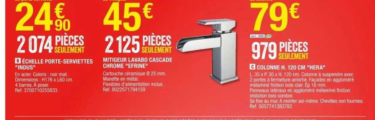 échelle porte-serviettes "indus", mitigeur lavabo cascade chrome "efrine", colonne h. 120 cm "hera"