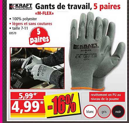 gants de travail, 5 paires «m-flex» kraft werkzeuge