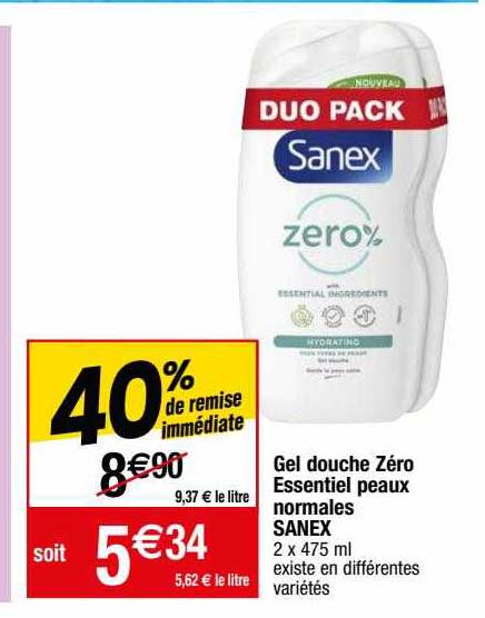 gel douche zéro essentiel peaux normales sanex