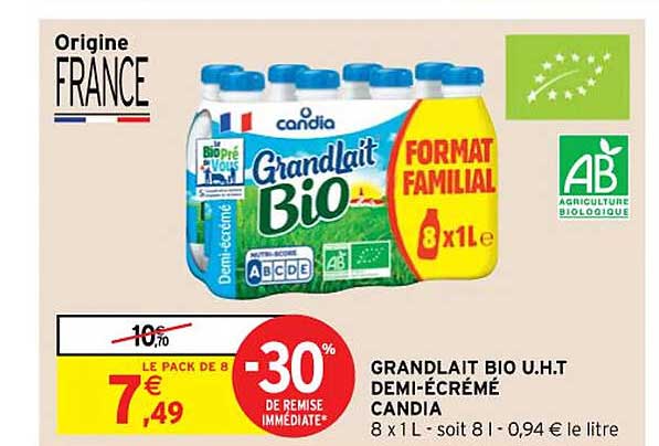 grandlait bio u.h.t. demi-écrémé candia