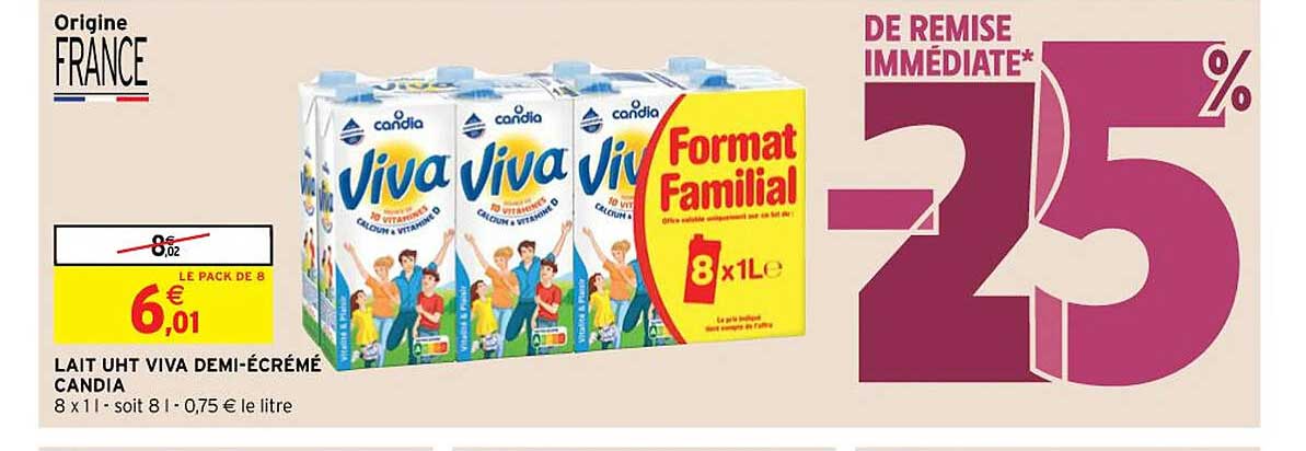 lait uht viva demi-écrémé candia