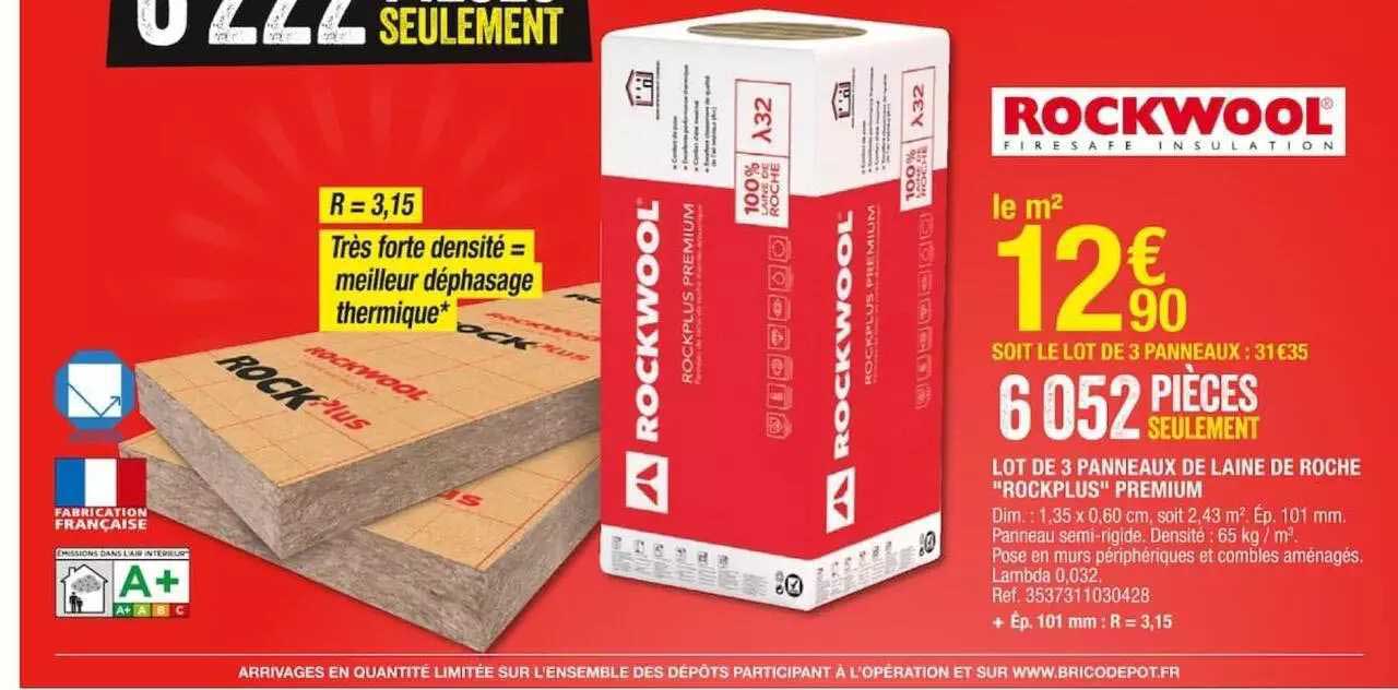 lot de 3 panneaux de laine de roche "rockplus" premium rockwool