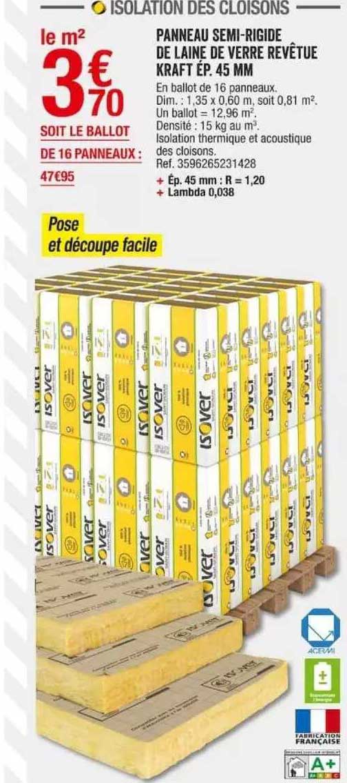 panneau semi-rigide de laine de verre revêtue kraft isover