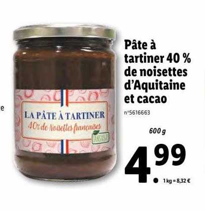 pâte à tartiner 40% de noisettes d'aquitaine et cacao