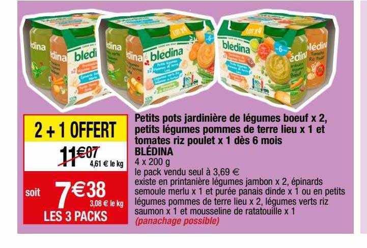 petits pots jardinière de légumes boeuf x2, petits légumes pommes de terre lieu x1 et tomates riz poulet x1 dès 6 mois blédina