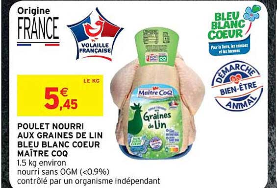 poulet nourri aux graines de lin bleu blanc cœur maître coq