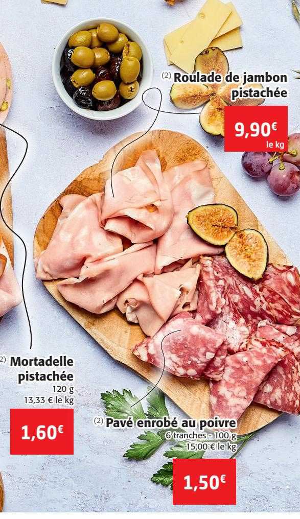 roulade de jambon pistachée, mortadelle pistachée, pavé enrobé au poivre