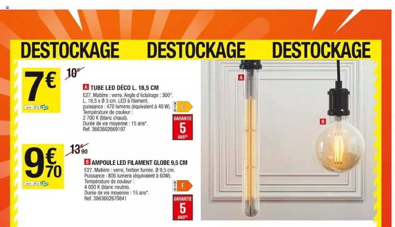 tube led déco l. 18,5 cm, ampoule led filament globe 9,5 cm