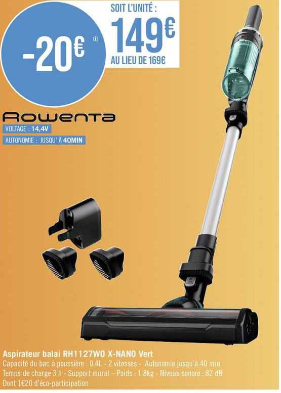 aspirateur balai rh1127w0 x-nano vert rowenta