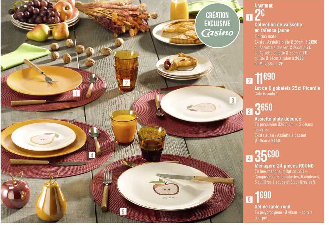 collection de vaisselle en faïence jaune, lot de 6 gobelets 25cl picardie, assiette plate décorée, ménagère 24 pièces round, set de table rond