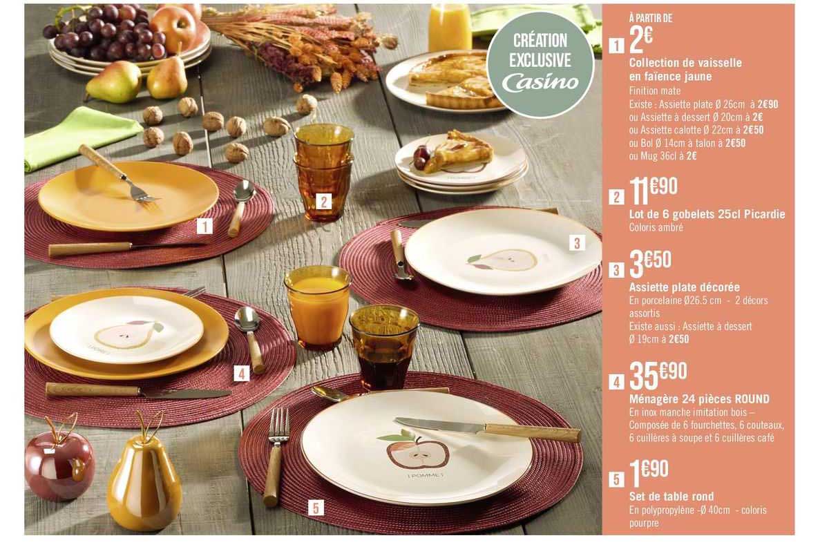 collection de vaisselle en faïence jaune, lot de 6 gobelets 25cl picardie, assiette plate décorée, ménagère 24 pièces round, set de table rond