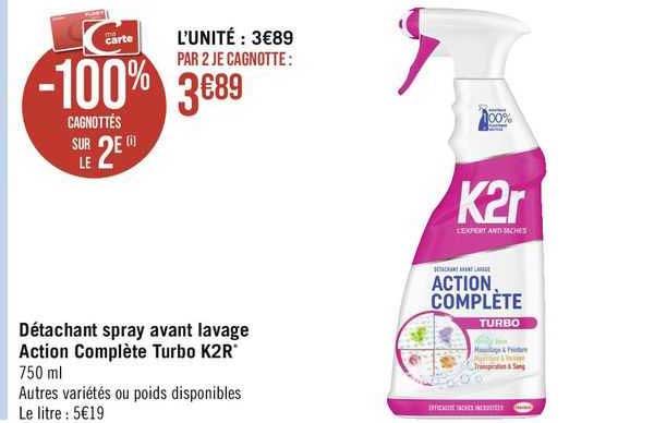 détachant spray avant lavage action complète turbo k2r