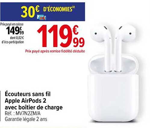 écouteurs sans fil apple airPods 2 avec boîtier de charge