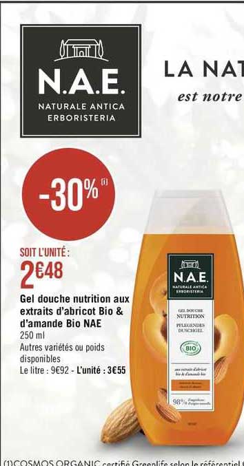 gel douche nutrition aux extraits d'abricot bio & d'amande bio nae