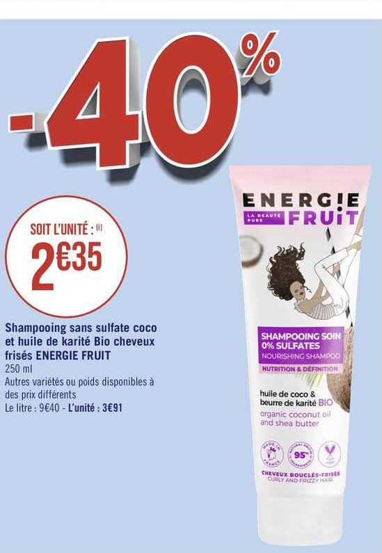 shampooing sans sulfate coco et huile de karité bio cheveux frisés energie fruit