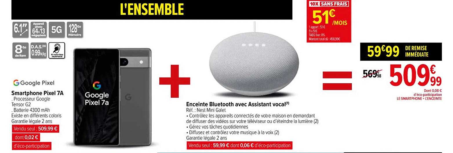 smartphone pixel 7A + enceinte bluetooth avec assistant vocal
