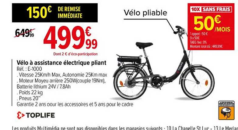 vélo à assistance électrique pliant toplife