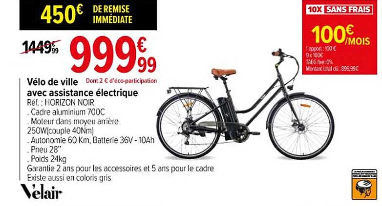vélo de ville avec assistance électrique velair