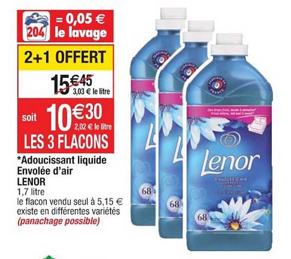 adoucissant liquide envolée d'air lenor 2+1 offert