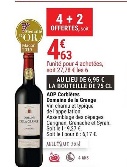 aop corbières domaine de la grange 4+2 offertes