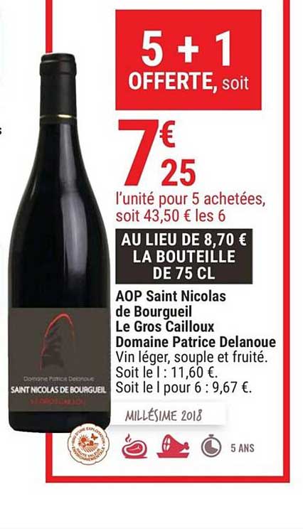 aop saint nicolas de bourgueil les gros cailloux domaine patrice denaoue 5+1 offerte