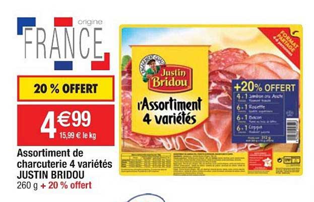 assortiment de charcuterie 4 variétés justin bridou 20% offert