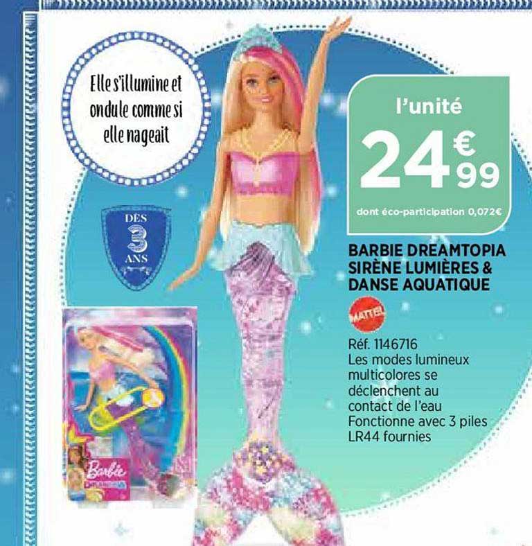 barbie dreamtopia sirène lumières & dansse aquatique mattel