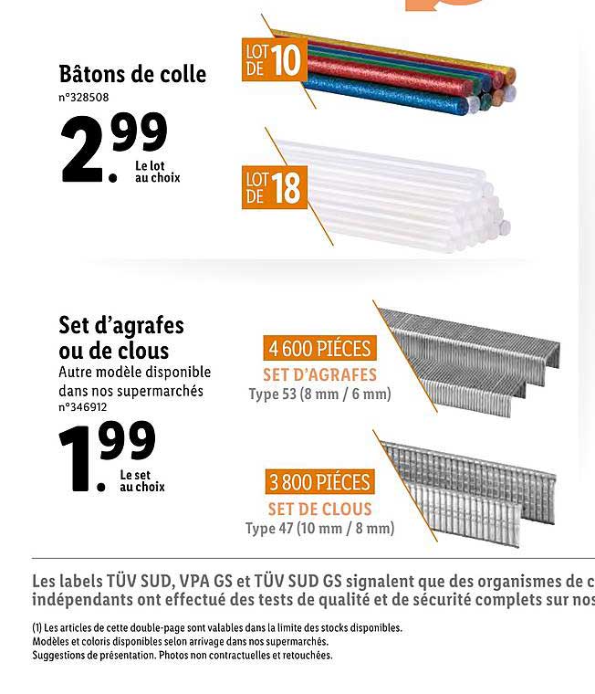 bâtons de colle, set d'agrafes ou de clous