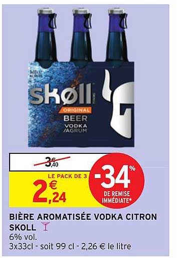 bière aromatisée vodka citron skoll -34% remise immédiate