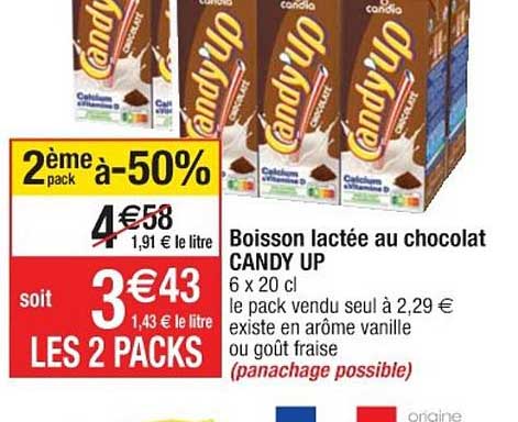 boisson lactée au chocolat candy up le 2ème pack à -50%