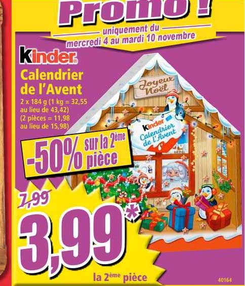 calendrier de l'avent kinder -50% sur la 2ème pièce