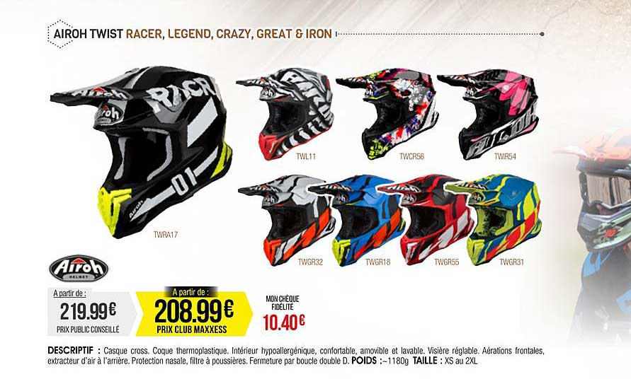 casque cross  airoh twis racer, legend, crazy, great & iron