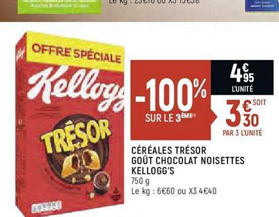 céréales trésor goût chocolat noisettes kellogg's -100% sur le 3ème