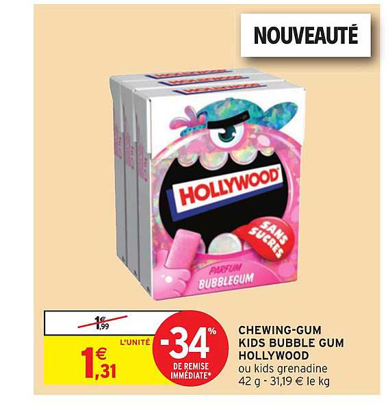 chewing gum kids bubble gum hollywood -34% remise immédiate
