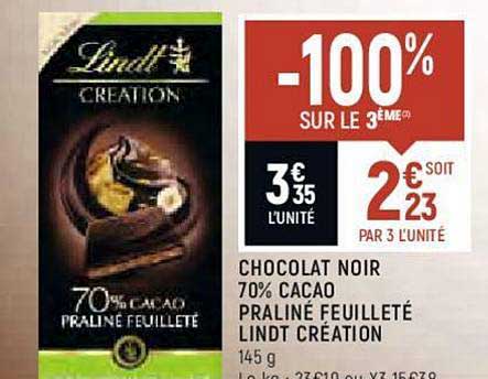 chocolat noir 70% cacao praliné feuilleté lindt création -100% sur le 3ème