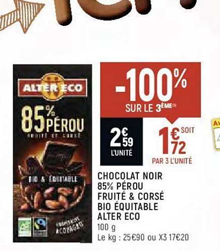 chocolat noir 85% pérou fruité & corsé bio équitable alter eco -100% sur le 3ème