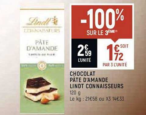 chocolat pâte d'amande lindt connaisseurs -100% sur le 3ème