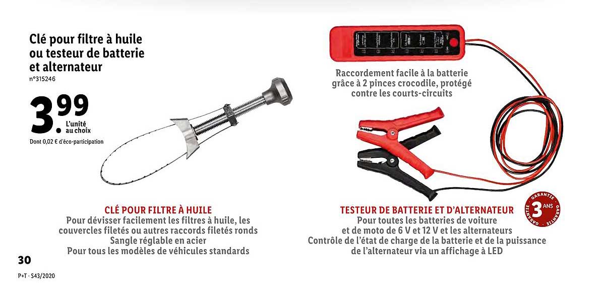 clé pour filtre à huile ou testeur de batterie et alternateur