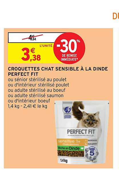 croquettes chat sensible à la dinde perfect fit -30% remise immédiate