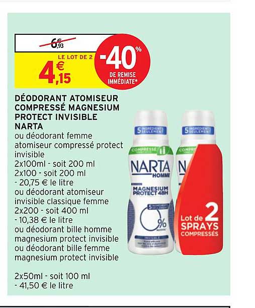 Déodorant Atomiseur Compressé Magnesium Protect Invisible Narta -40% Remise Immédiate